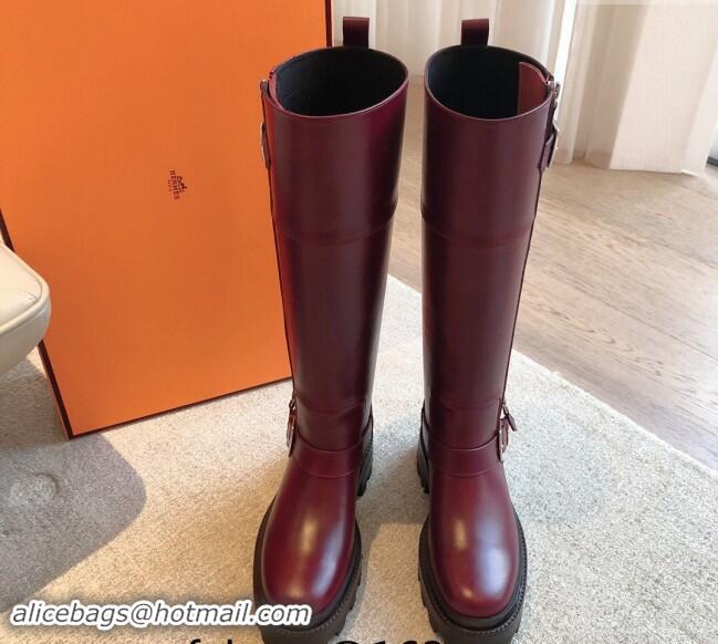 Popular Style Hermes Jaimy High Biker Boots in Calfskin with Buckle and Zip Burgundy 1008150