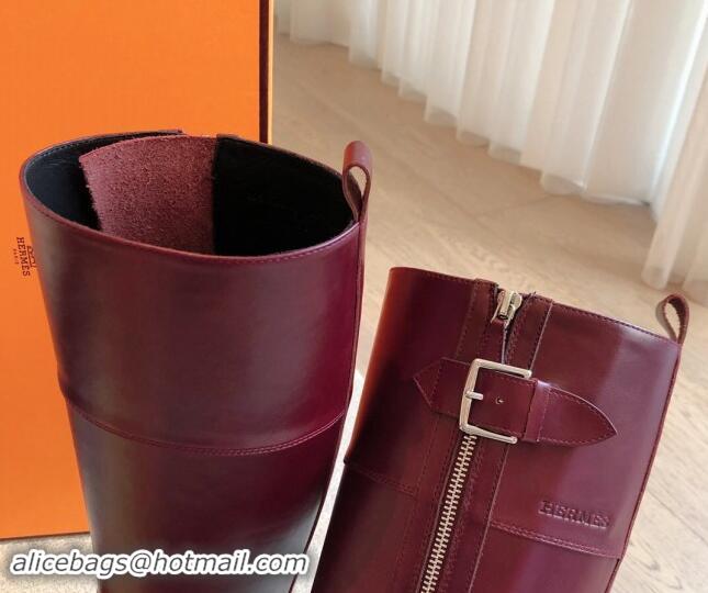 Popular Style Hermes Jaimy High Biker Boots in Calfskin with Buckle and Zip Burgundy 1008150