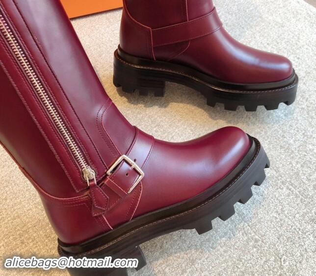 Popular Style Hermes Jaimy High Biker Boots in Calfskin with Buckle and Zip Burgundy 1008150