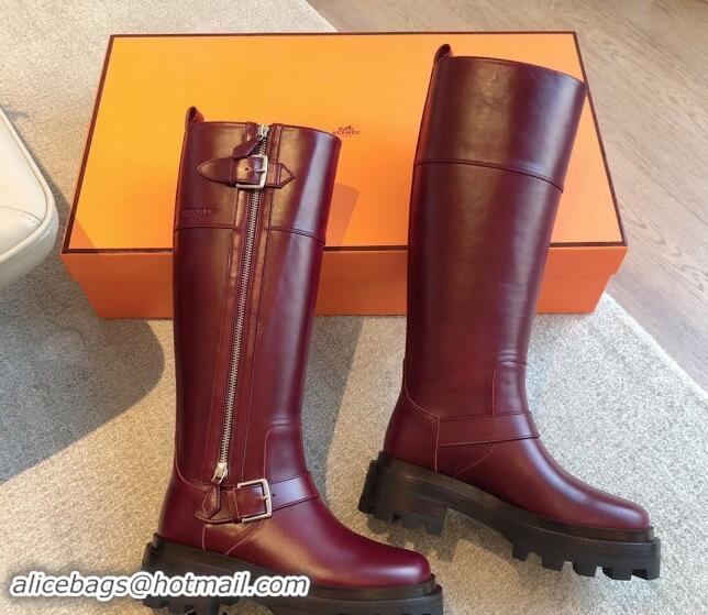 Popular Style Hermes Jaimy High Biker Boots in Calfskin with Buckle and Zip Burgundy 1008150