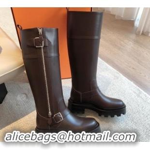 Luxury Cheap Hermes Jaimy High Biker Boots in Calfskin with Buckle and Zip Dark Brown 1008151