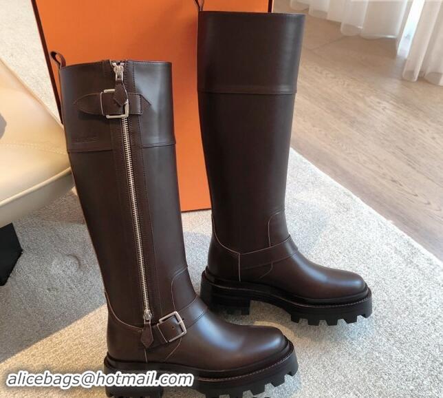 Luxury Cheap Hermes Jaimy High Biker Boots in Calfskin with Buckle and Zip Dark Brown 1008151