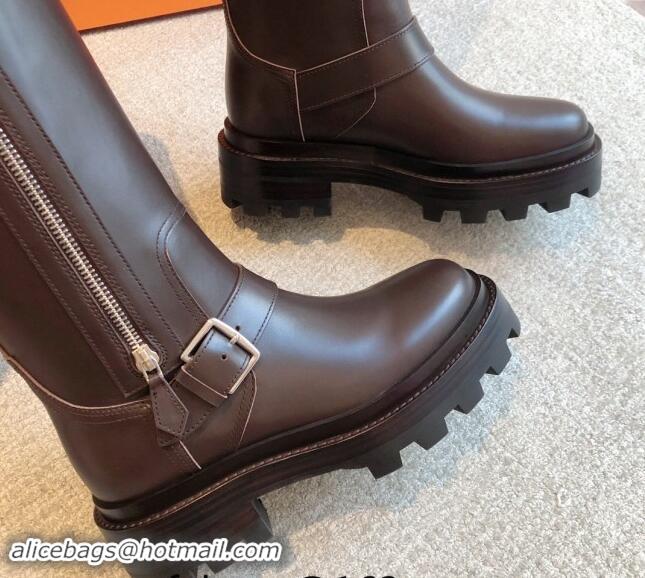 Luxury Cheap Hermes Jaimy High Biker Boots in Calfskin with Buckle and Zip Dark Brown 1008151