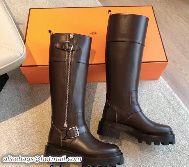 Luxury Cheap Hermes Jaimy High Biker Boots in Calfskin with Buckle and Zip Dark Brown 1008151