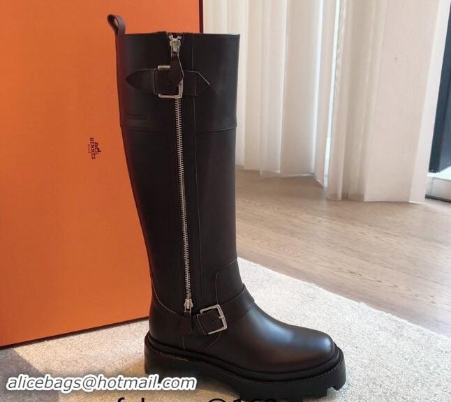 Luxury Cheap Hermes Jaimy High Biker Boots in Calfskin with Buckle and Zip Dark Brown 1008151