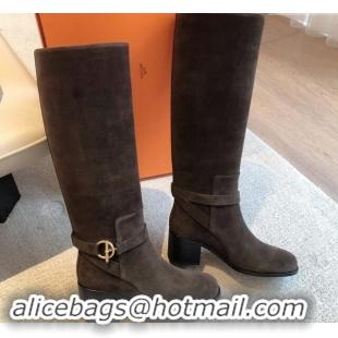 Charming Hermes Justine High Boots 5cm in Suede with Glenan Buckle Grey 1113064