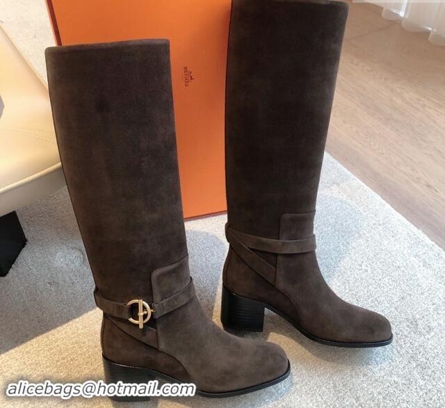 Charming Hermes Justine High Boots 5cm in Suede with Glenan Buckle Grey 1113064