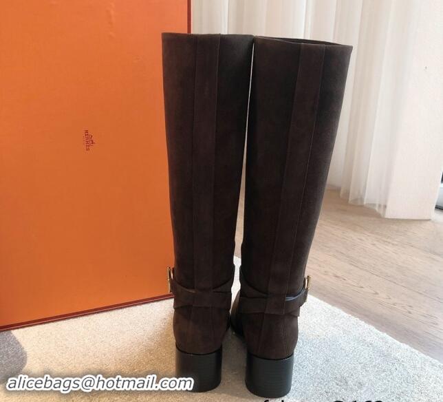 Charming Hermes Justine High Boots 5cm in Suede with Glenan Buckle Grey 1113064