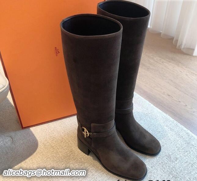 Charming Hermes Justine High Boots 5cm in Suede with Glenan Buckle Grey 1113064