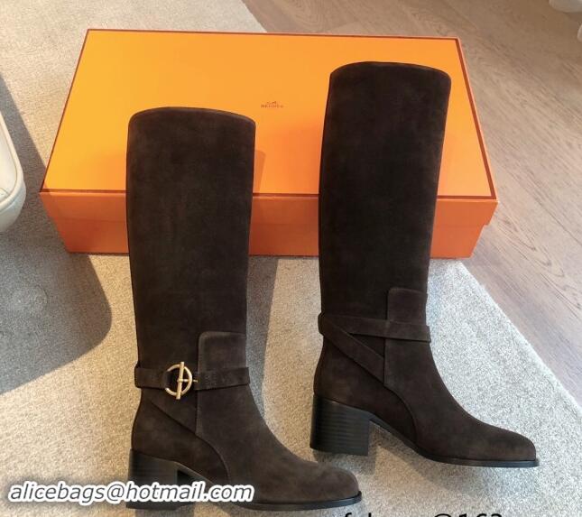 Charming Hermes Justine High Boots 5cm in Suede with Glenan Buckle Grey 1113064