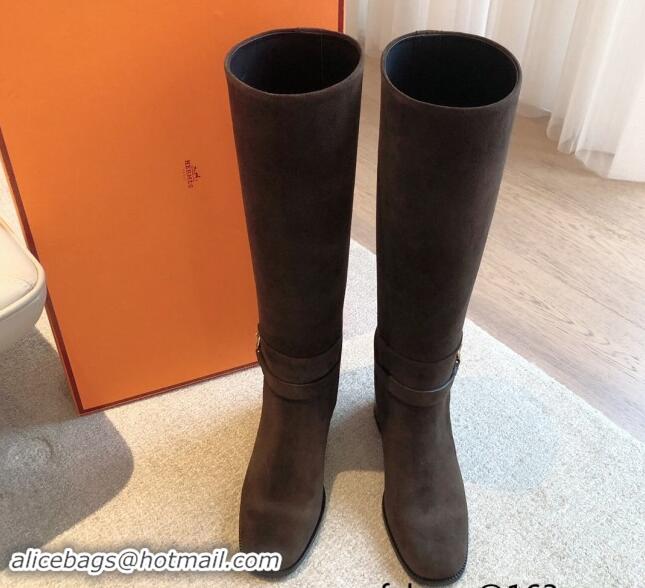 Charming Hermes Justine High Boots 5cm in Suede with Glenan Buckle Grey 1113064