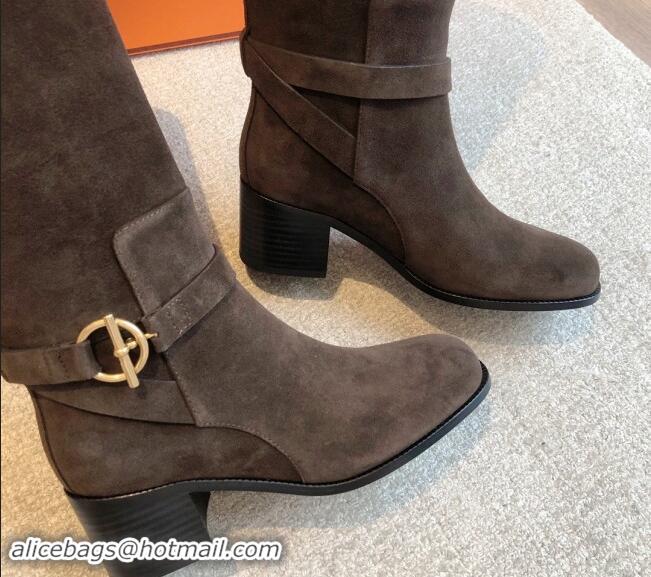 Charming Hermes Justine High Boots 5cm in Suede with Glenan Buckle Grey 1113064