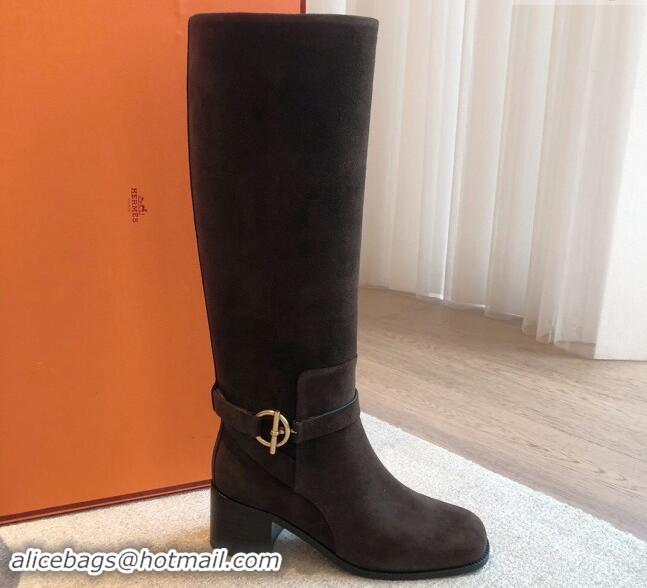 Charming Hermes Justine High Boots 5cm in Suede with Glenan Buckle Grey 1113064