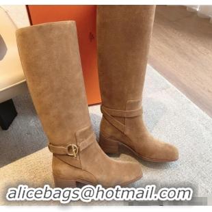 Top Design Hermes Justine High Boots 5cm in Suede with Glenan Buckle Brown 1113065