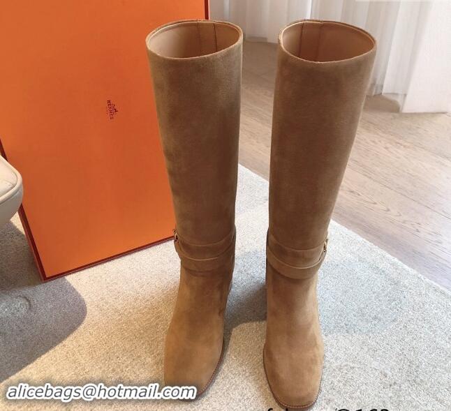 Top Design Hermes Justine High Boots 5cm in Suede with Glenan Buckle Brown 1113065