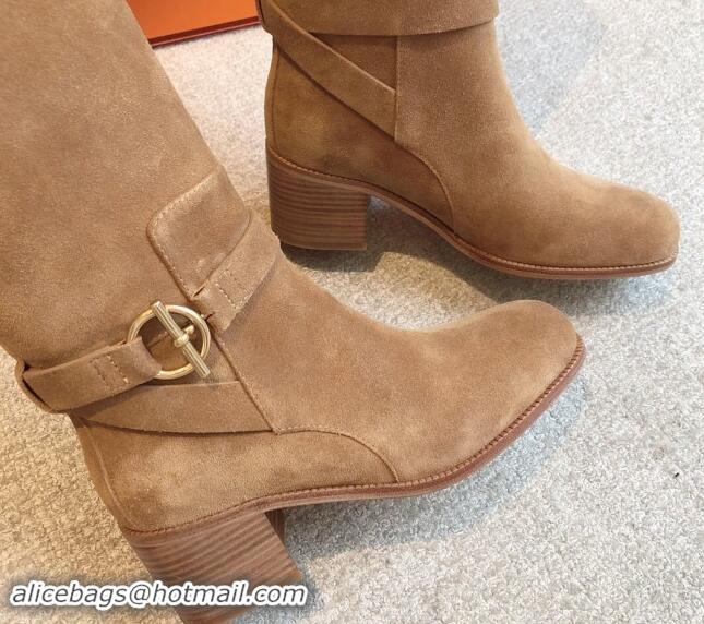 Top Design Hermes Justine High Boots 5cm in Suede with Glenan Buckle Brown 1113065