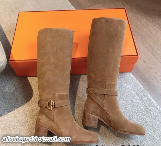 Top Design Hermes Justine High Boots 5cm in Suede with Glenan Buckle Brown 1113065