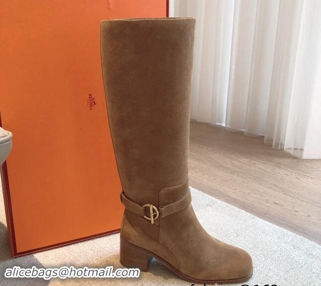 Top Design Hermes Justine High Boots 5cm in Suede with Glenan Buckle Brown 1113065