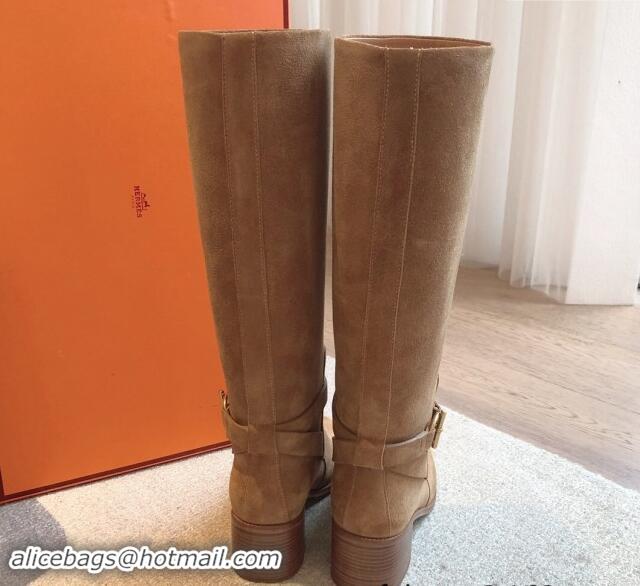 Top Design Hermes Justine High Boots 5cm in Suede with Glenan Buckle Brown 1113065