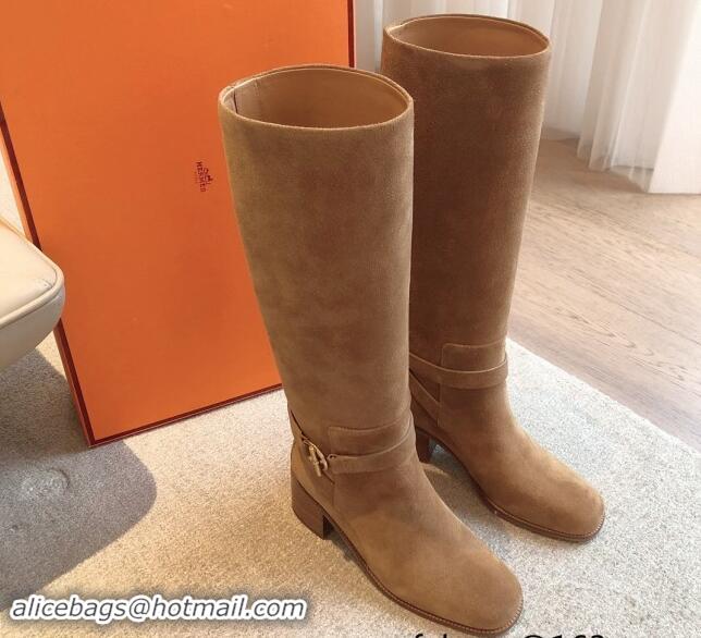 Top Design Hermes Justine High Boots 5cm in Suede with Glenan Buckle Brown 1113065