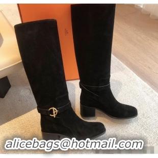 Good Product Hermes Justine High Boots 5cm in Suede with Glenan Buckle Black 1113066