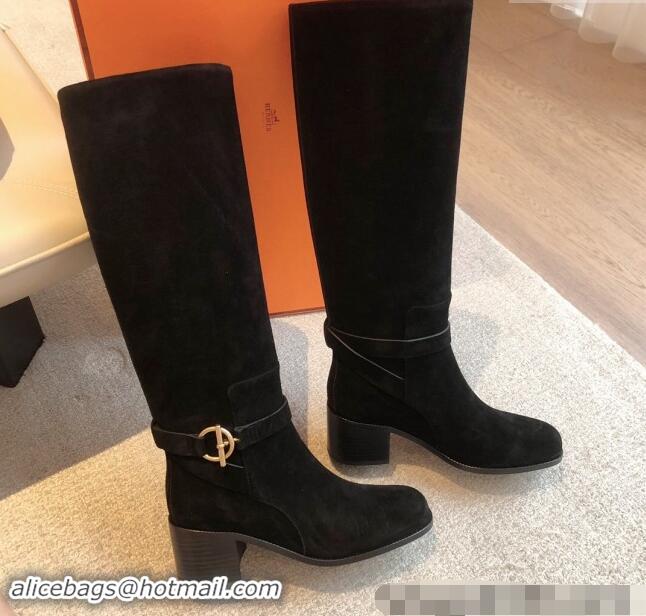 Good Product Hermes Justine High Boots 5cm in Suede with Glenan Buckle Black 1113066