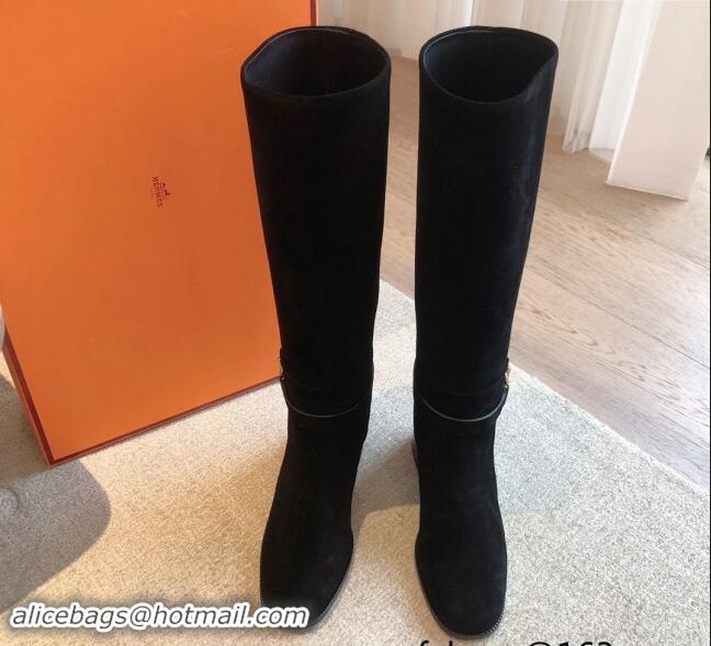 Good Product Hermes Justine High Boots 5cm in Suede with Glenan Buckle Black 1113066