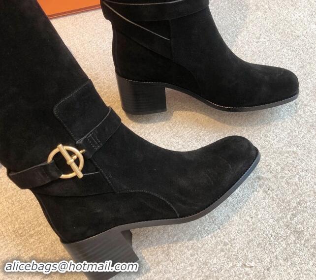 Good Product Hermes Justine High Boots 5cm in Suede with Glenan Buckle Black 1113066