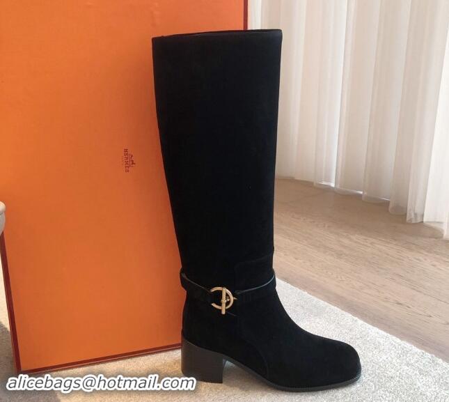 Good Product Hermes Justine High Boots 5cm in Suede with Glenan Buckle Black 1113066