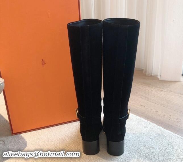 Good Product Hermes Justine High Boots 5cm in Suede with Glenan Buckle Black 1113066