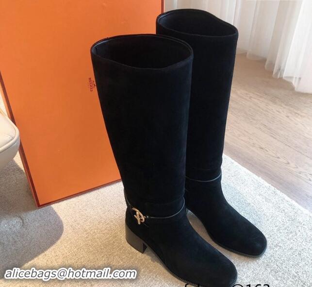 Good Product Hermes Justine High Boots 5cm in Suede with Glenan Buckle Black 1113066