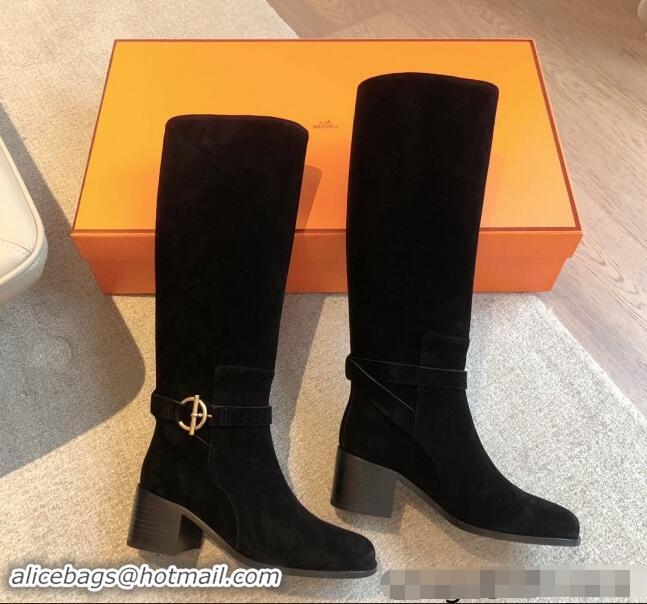 Good Product Hermes Justine High Boots 5cm in Suede with Glenan Buckle Black 1113066