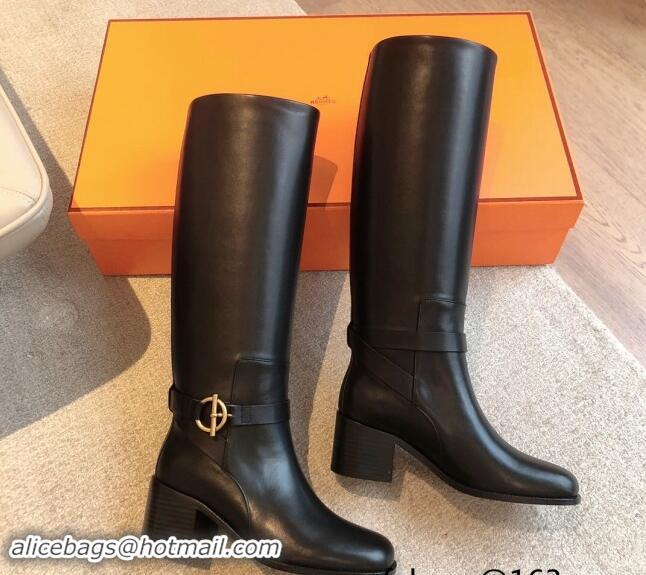 Cheap Price Hermes Justine High Boots 5cm in Calfskin with Glenan Buckle Black 113067