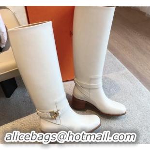 Top Grade Hermes Justine High Boots 5cm in Calfskin with Glenan Buckle White 1113068