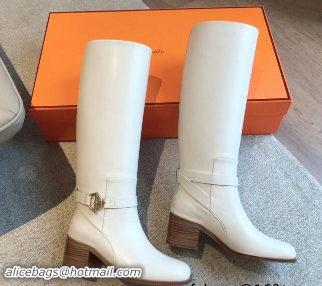 Top Grade Hermes Justine High Boots 5cm in Calfskin with Glenan Buckle White 1113068