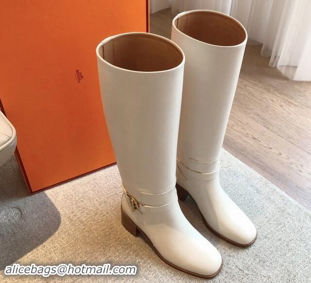 Top Grade Hermes Justine High Boots 5cm in Calfskin with Glenan Buckle White 1113068