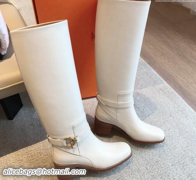 Top Grade Hermes Justine High Boots 5cm in Calfskin with Glenan Buckle White 1113068