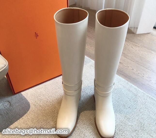 Top Grade Hermes Justine High Boots 5cm in Calfskin with Glenan Buckle White 1113068