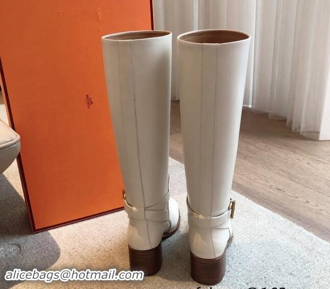 Top Grade Hermes Justine High Boots 5cm in Calfskin with Glenan Buckle White 1113068