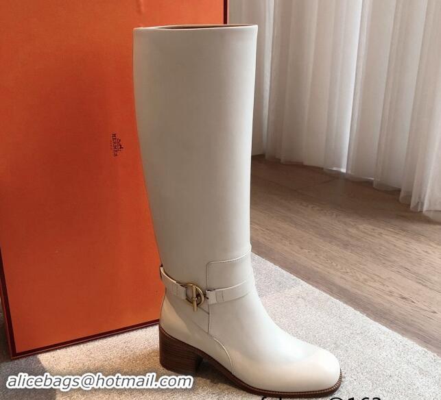 Top Grade Hermes Justine High Boots 5cm in Calfskin with Glenan Buckle White 1113068