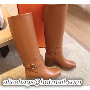 Good Quality Hermes Justine High Boots 5cm in Calfskin with Glenan Buckle Brown 1113069