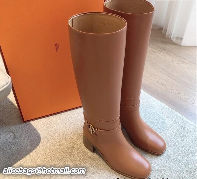 Good Quality Hermes Justine High Boots 5cm in Calfskin with Glenan Buckle Brown 1113069