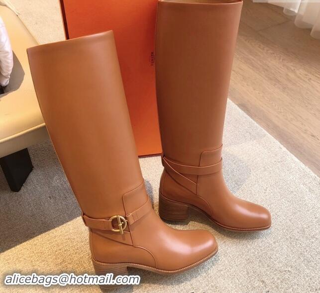 Good Quality Hermes Justine High Boots 5cm in Calfskin with Glenan Buckle Brown 1113069