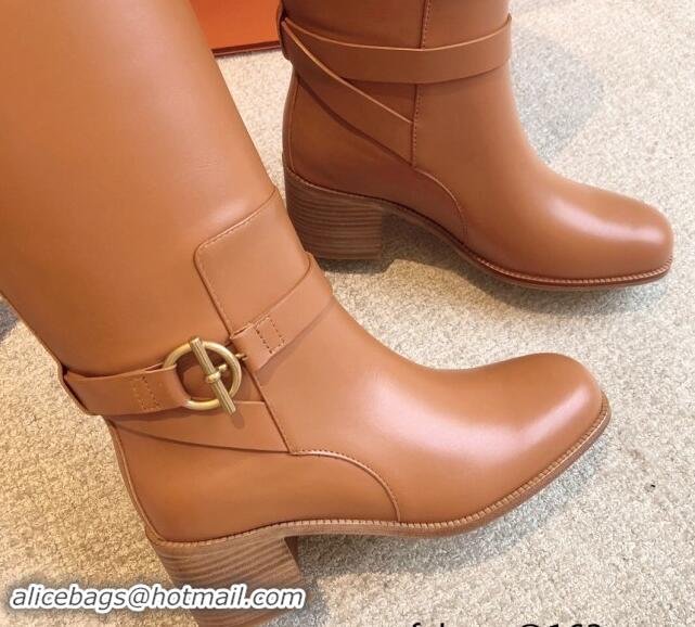 Good Quality Hermes Justine High Boots 5cm in Calfskin with Glenan Buckle Brown 1113069