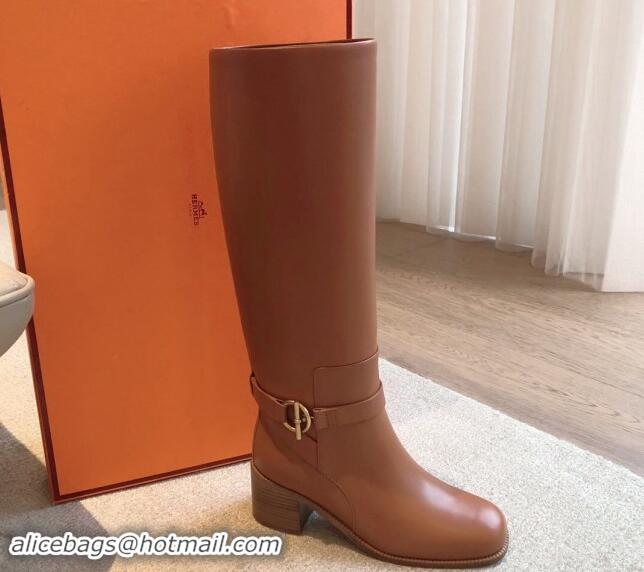 Good Quality Hermes Justine High Boots 5cm in Calfskin with Glenan Buckle Brown 1113069