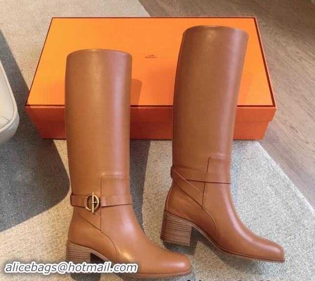 Good Quality Hermes Justine High Boots 5cm in Calfskin with Glenan Buckle Brown 1113069