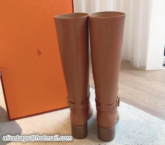 Good Quality Hermes Justine High Boots 5cm in Calfskin with Glenan Buckle Brown 1113069