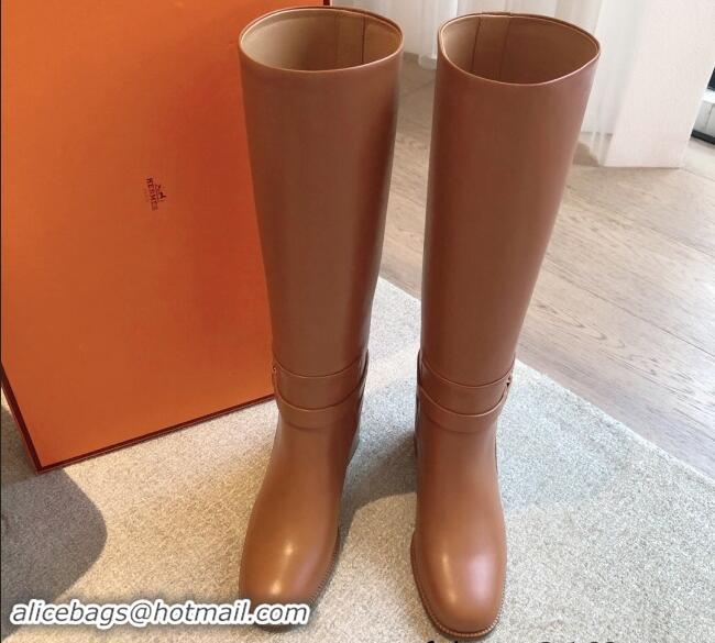 Good Quality Hermes Justine High Boots 5cm in Calfskin with Glenan Buckle Brown 1113069