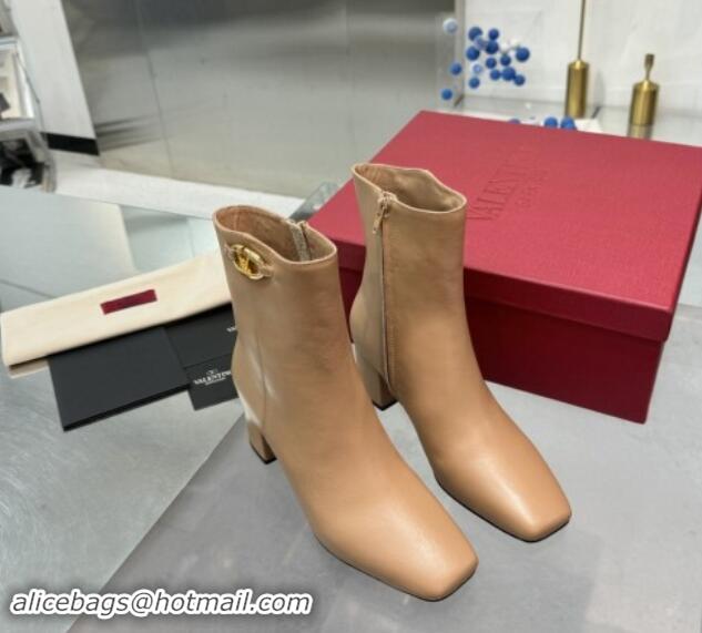 Good Quality Valentino VLogo The Bold Edition Calfskin Ankle Boots 6cm Heel Beige 1009004