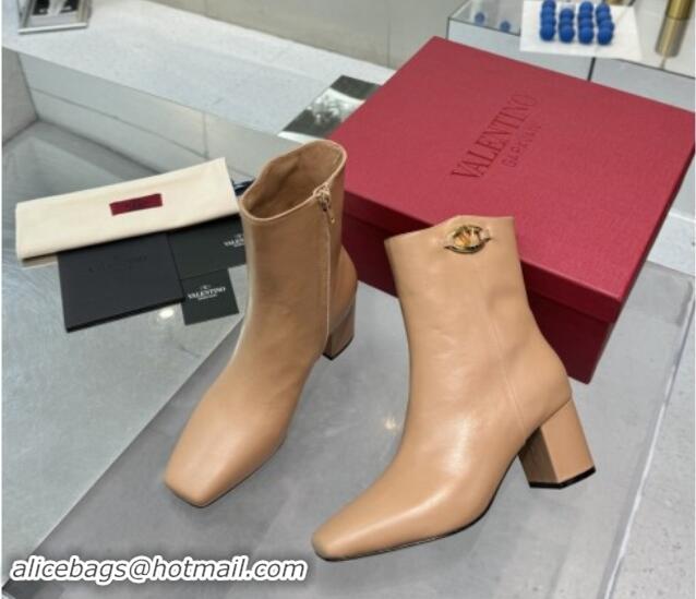 Good Quality Valentino VLogo The Bold Edition Calfskin Ankle Boots 6cm Heel Beige 1009004